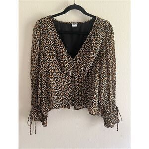 Anthropologie Bila 77 Floral Blouse Black Tan Button Front Boho Women’s L